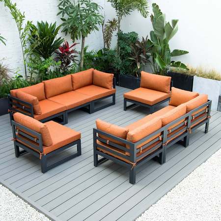 LEISUREMOD Chelsea 8-Piece Patio Sectional Black Aluminum With Orange Cushions CSCMBL-8OR